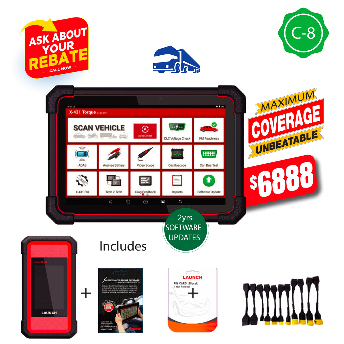 LAUNCH C8 X-431 TORQUE LINK PLUS HD - Works on AUTO & HD (Q2-3